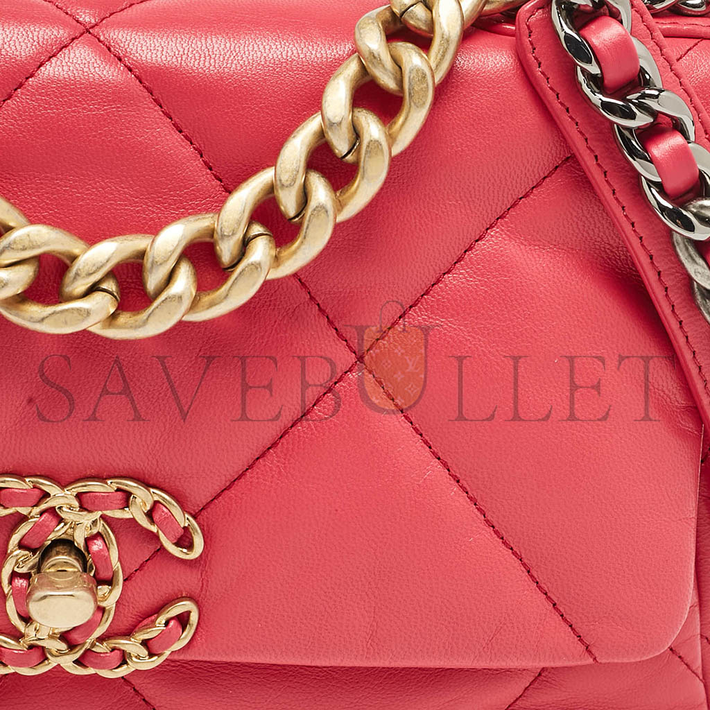 CHANEL PINK QUILTED LEATHER SMALL 19 FLAP BAG AS1160 (26*16*9cm)